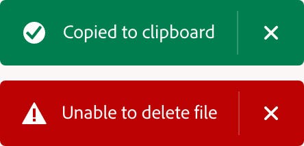 Two notifications stacked. The top one is green with white type with a checkmark to the left of it and the words Copied to clipboard. The bottom one is red with white type with a exclamation point to the left of it and the words Unable to delete file.
