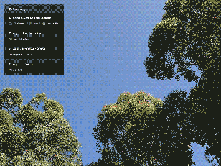 A GIF depicting the multi-step process of highlighting the colors in the sky using current digital creative tools.