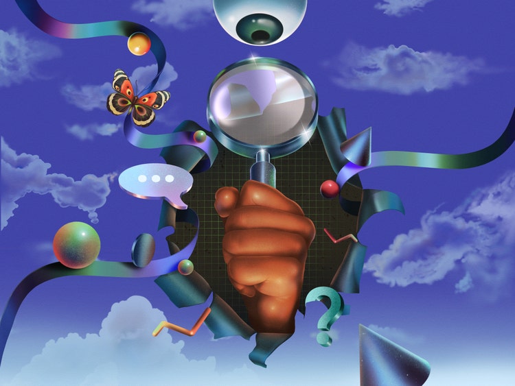 A digital illustration in a surrealist style. A hand holding a magnifying glass breaks through a tear in a royal blue cloud-filled sky. Surrounding it are spheres and cones and trailing ribbons alongside a Monarch butterfly, a speech bubble, a question mark, and an eye peering down through the lens of the magnifying glass.