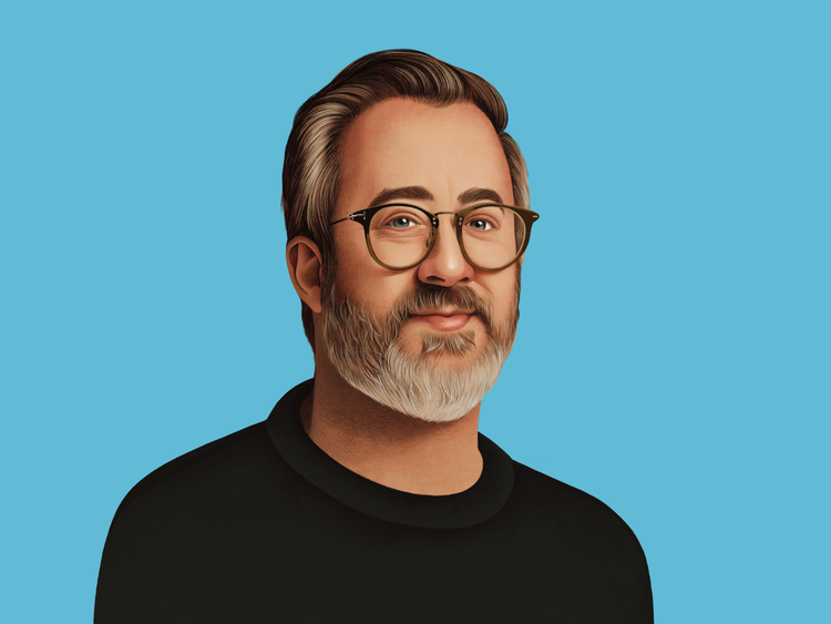 An illustration of a white man, with dark hair wearing round dark rimmed glasses and a black crew neck sweater, against a uniform blue background.