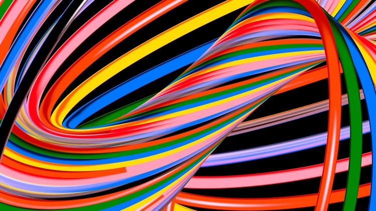 A digital illustration of multiple tubes in mingling shades of pink, red, yellow, black, green, and blue on a black background. The tubes, tightly twisted in a large bundle in the center, begin untwisting into a spiral of color on the right.