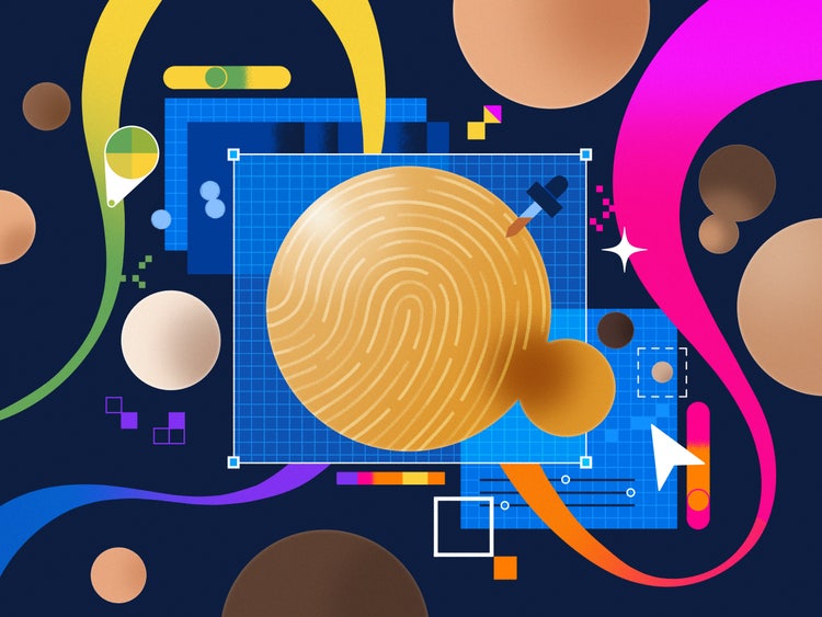 A large golden sphere with a skinprint is centered on a blue grid background, surrounded by colorful swirls, geometric shapes, and icons including a pushpin, cursor arrow, and color palette. The dark blue backdrop features circular gradients in tones of brown and beige.