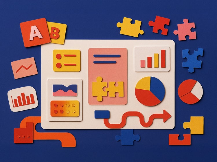 An illustration of colorful data visualizations (bar graphs, pie charts, and line graphs) arranged around a central whiteboard on a blue background. Puzzle pieces in red, yellow, blue, and orange are interspersed, symbolizing interconnected data elements.
