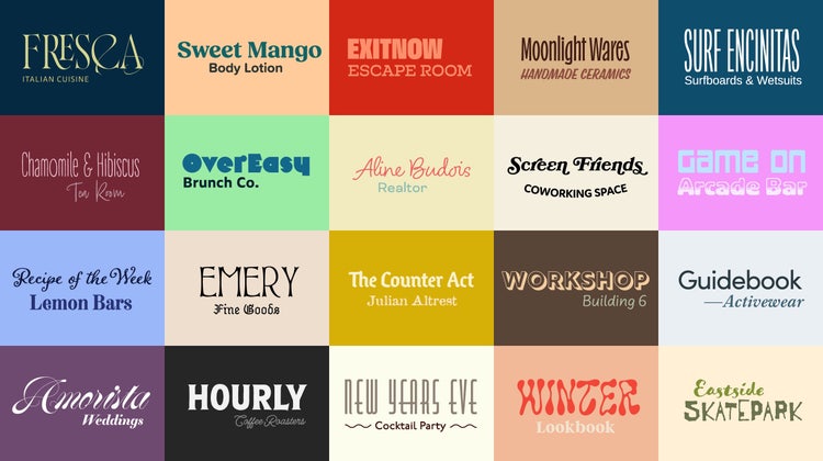 Twenty font (and word) pairings in a five column four row image on a multicolored background. Row 1 (left to right): Fresca + Italian Cuisine; Sweet Mango + Body Lotion; ExitNow + Escape Room; Moonlight Wares + Handmade Ceramics; Surf Encitas + Surfboards & Wetsuits. Row 2 (left to right): Chamomile & Hibiscus + Tea Room; OverEasy + Brunch Co.; Aline Budois + Realtor; Screen Friends + Coworking Space; Game On + Arcade Bar. Row 3 (left to right): Recipe of the Week + Lemon Bars; Emery + Fine Goods; The Counter Act + Julian Altrest; Workshop + Building 6; Guidebook + Activewear. Row 4 (left to right): Amorista + Weddings; Hourly + Coffee Roasters; Newe Years Eve + Cocktail Party; Hunter + Lookbook; Eastside + Skatepark.