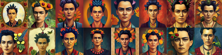 Sixteen AI-generated images in two rows of eight of Frida Kahlo's painting "Self Portrait with Thorn Necklace and Hummingbird."