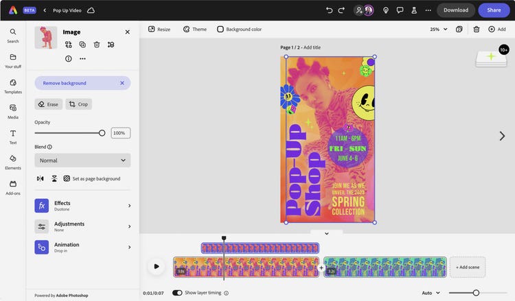 A screenshot of the video editing screen of Adobe Express with a properties panel on the left (with Erase, Crop, Blend, Effects, Adjustment, and Animation tools) and a video timeline (where individual scenes can be added/removed) beneath.