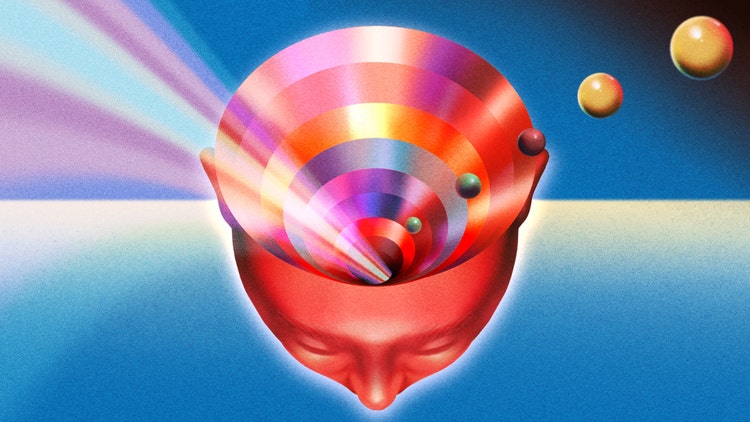 A digital illustration looking down from above inside a man's head against a background in shades of blue with a deliberate horizon line (dark blue on top lighter blue below). A rainbow of colors is swirling out of the man's head along with rays of light and marble-sized spheres, of gold, red, and green.