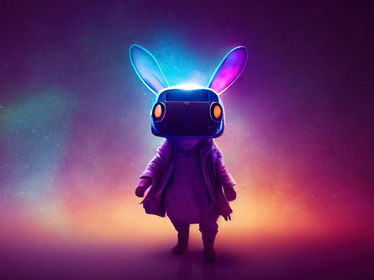 An anthropomorphized rabbit wearing a long coat, boots, gloves, and a VR headset, stands against a glowing background of peach, pink, blue and purple.