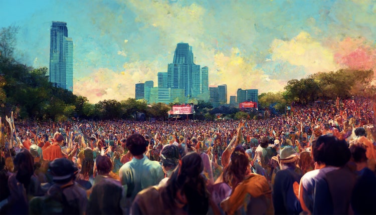 A massive crowd of people all facing a stage in the far off distance. Behind the stage are large trees, a cityscape, and a blue and pink skyline.