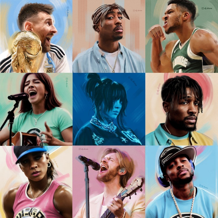 Nine digital portrait paintings in three rows: Top row: Lionel Messi, Tupac Shakur. Giannis Antetokounmpo Middle row: Generative AI portrait of a white female, Billie Eilish, Generative AI portrait of a Black male Bottom row: Generative AI portrait of a Black female, Finneas O'Connell, Generative AI portrait of a Black male.