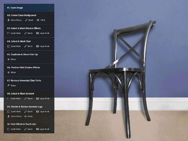 A GIF depicting the multi-step process of transforming a chair into a barstool using current digital creative tools.