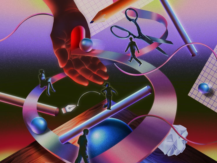 A digital illustration on a yellow-to-purple-to-black-to-deep red gradient background. A hand reaching out palm-up from the top of the screen is surrounded by the trappings of design work (pencils, graph paper, scissors, a ruler, styluses, Adobe Illustrator's pen tool) all connected by a ribbon. Four figures walk on an elevated path to and from the outstretched hand that is at once guiding, helping, and pushing them forward.