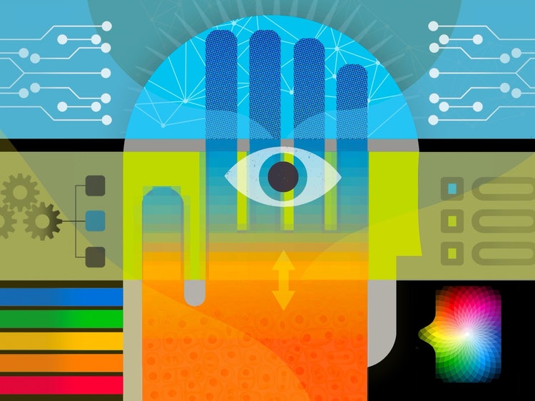 An abstract illustration featuring a stylized human hand with an eye in the center of the palm. The hand is composed of geometric shapes and gradients in tones of blue, green, orange, and yellow. Behind the hand is a blue dome with network-like lines, suggesting connectivity or technology. Circuit patterns extend outward on both sides A rainbow-colored conversation bubble and horizontal primary-colored bars run along the bottom of the image,