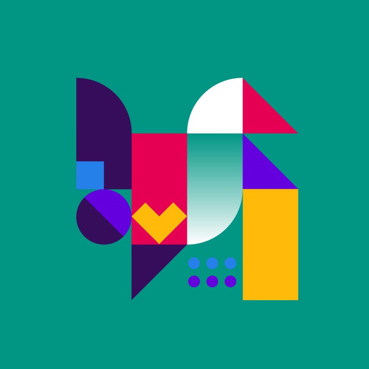 An abstract geometric arrangement on a green background, with a contrasting mix of shapes and colors—rectangles, triangles, circles, and irregular polygons in dark blue, light blue, red, yellow, white, and purple.
