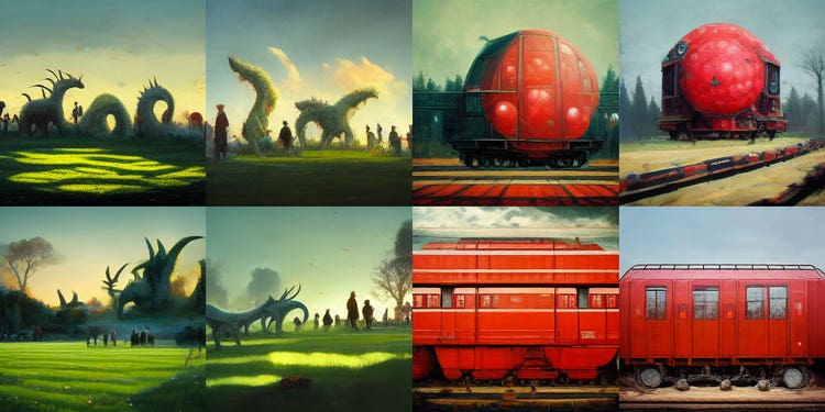 Eight digital images in two groups of four: On the left are four very similar AI-generated landscapes of monstrous-looking green plants against a blue sky. And on the right are four AI-generated red trains on railroad tracks. The top two are ball-shaped with no train characteristics and the bottom two are train-shaped with no ball characteristics.