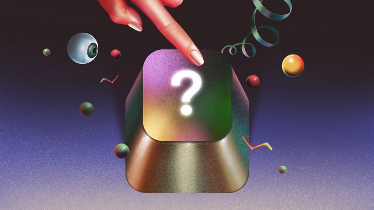 A digital illustration in a surrealist style. A finger extends from the top edge of the illustration to push a three-dimensional gold button with a large question mark on it. Surrounding it, on a charcoal grey-to-purple gradient background, are spheres, trailing ribbons, and a watchful eye.