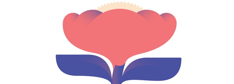 A stylized illustration of a brick red tulip, in full bloom with a peach center, a short purple stem, and two purple leaves, on a white background.