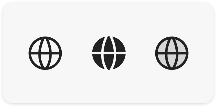 Three circles divided in half horizontally and in thirds vertically on a white backgound. Left to right: black outlines only, middle white outline with opaque black fill, black outline with transparent gray fill.