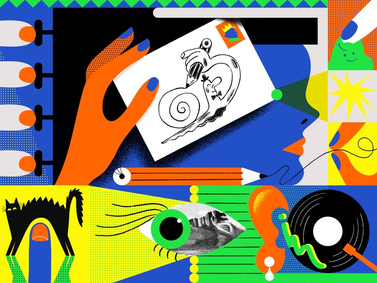 This abstract collage mixes analog motifs—paper, pencil, record—with digital-inspired graphics in bright orange, blue, green, yellow, and black. At the center, an orange hand holds a white postcard featuring a black line drawing of a snail with a cartoon-style human profile with an extended hand holding a pencil to draw itself a shell. Surrounding elements include a sharpened pencil, a human profile in blue, a green eye with a photographic sclera, a black cat with arched back, a vinyl record on a turntable,, and quadrants filled with colorful shapes and patterns.