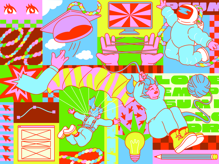 A multi-paneled illustration in vibrant shades of pink teal, red, yellow, and green. Clockwise from top left are a set of orange outlined eyes with long lashes; a pink hand tossing a purple graduation cap with a multicolored braided tassel of pink, blue, yellow, purple, and green, into a blue cloud-filled rectangle of sky; a computer monitor with an orange and pink display and set of pink hands playing a childhood string game against a background of yellow and green; an astronuat wearing a blue suit, pink gloves, a helmet connected to a jet pack with a multicolored braided line of pink, blue, yellow, purple, and green; a blue-haired girl wearing a teal blue jumpsuit, lime green work boots, swinging from, an unfurled ball of blue yarn with a pencil beneath her and a lightbulb beside her; a blue-haired girl wearing a teal blue jumpsuit, lime green work boots, and a yellow parachute with pink stripes leaping into a green background; and a set of computer graphics including bounding boxes, cursors and path with points.