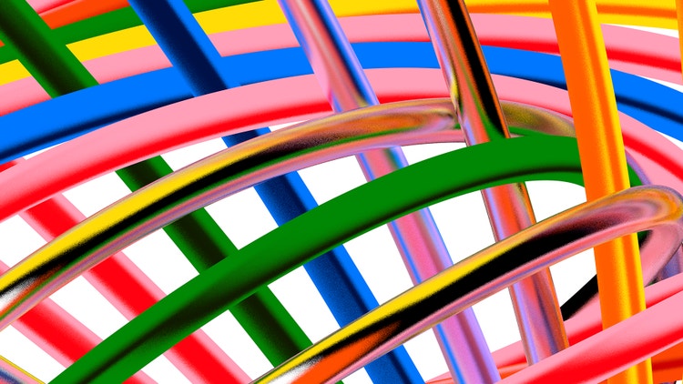 A digital illustration of six tubes in mingling shades of pink, red, yellow, black, green, and blue on a white background. The tubes are in a curved weave with the white space between them increasing as the weave moves from top to bottom.