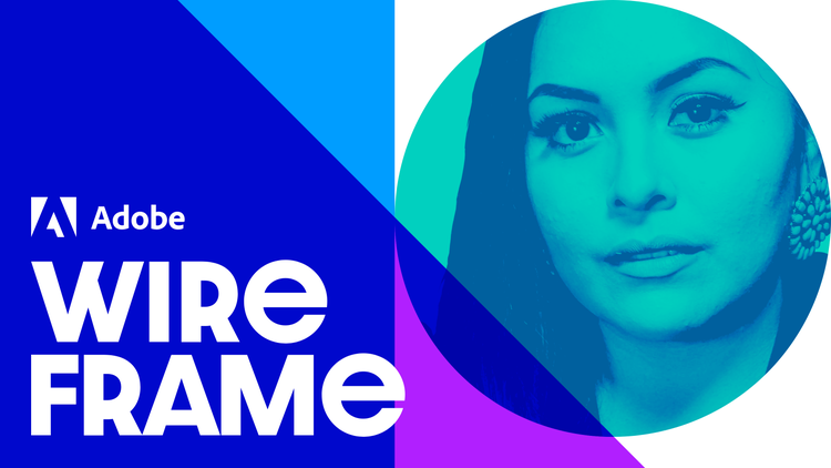 "Wireframe' Podcast cover. Adobe logo and the words "Wireframe" is placed on the left, with a headshot of a woman on the right.
