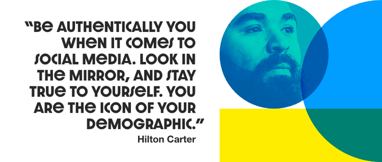A quote that reads "Be authentically you when it comes to social media. Look in the mirror, and stay true to yourself. You are the icon of your demographic". A headshot of a man is placed in the right.