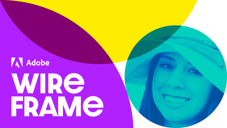 "Wireframe' Podcast cover. Adobe logo and the words "Wireframe" is placed on the left, with a headshot of a woman on the right