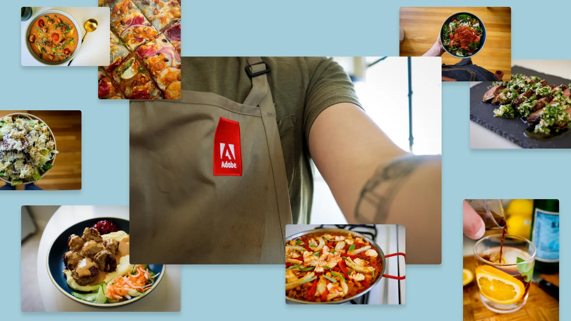 A collage of food photography on a light blue background and at the center of it is  a close-up of a person wearing an olive green apron with the Adobe logo on it. 