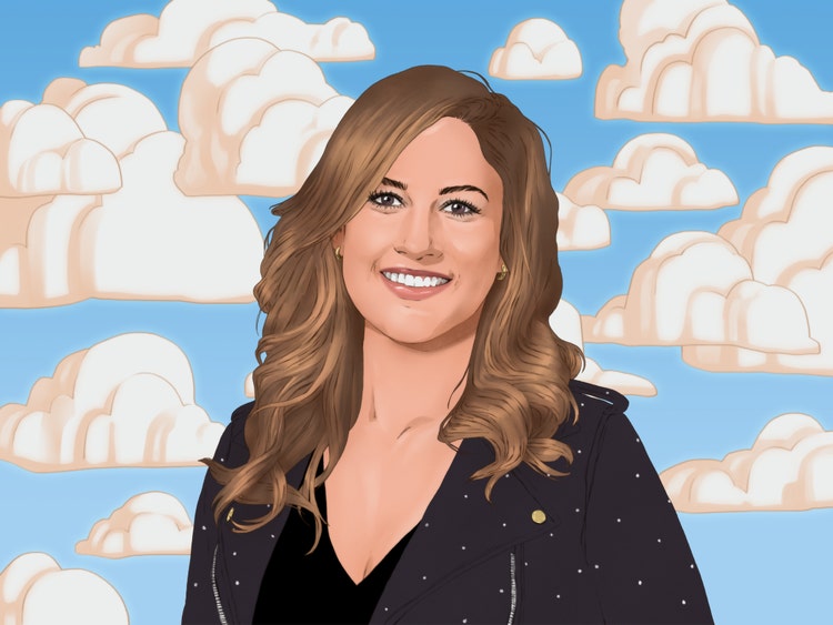 A digital illustration of a white woman with long light brown hair wearing a black T-shirt and a black jacket. The background is a blue sky with golden white clouds.