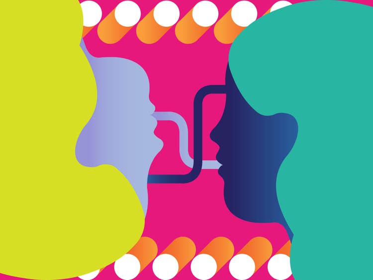 On a bright pink background with white and orange dots are two facial silhouettes each with long hair and facing center: on the left, upside down, with lime green hair and a lavender face and one on the right with turquoise hair and dark blue face.