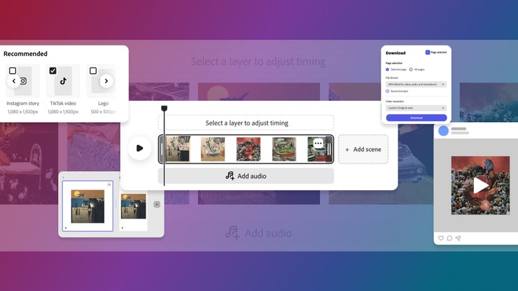 The interface for Adobe Express's video editing feature. It includes various elements such as a "Recommended" section with options for different video formats (Instagram story, TikTok video, Logo) along with their respective dimensions. In the center is a timeline editor where users can select layers to adjust timing and add audio or scenes. A preview of the video being edited is also visible. On the right side is a download section where users can choose the format (MP4 or GIF), resolution (1080p, 720p), and frame rate.