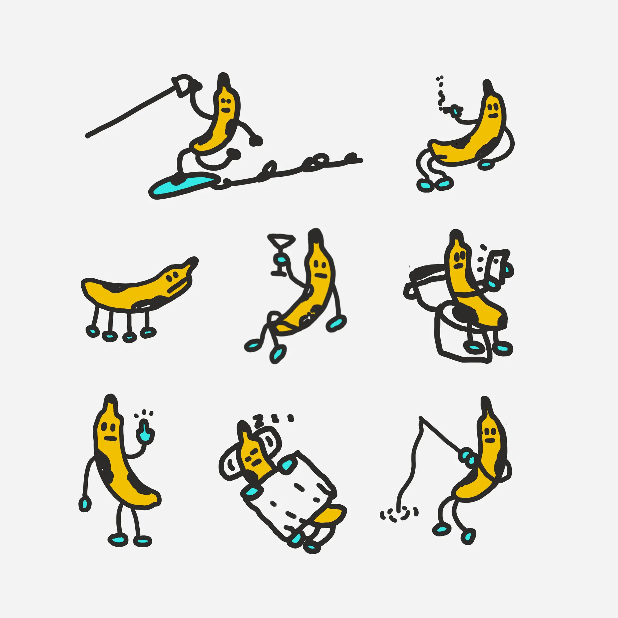 Eight illustrations of bananas personified. Clockwise from top left: 1. waterskiing 2. reclined and smoking 3. on all fours looking skyward 4. reclined and drinking a martini 5. seated looking at a phone 6. standing with an "idea" finger in the air 7. sleeping 8. fishing.