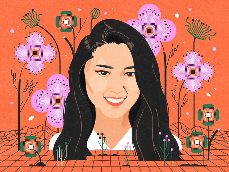 A digital illustration of an Asian woman with wearing a white T-shirt centered on a burnt orange background with long-stemmed lavender flowers and shorter-stem green flowers all composed of microchips and growing from clumps of soil in netting.