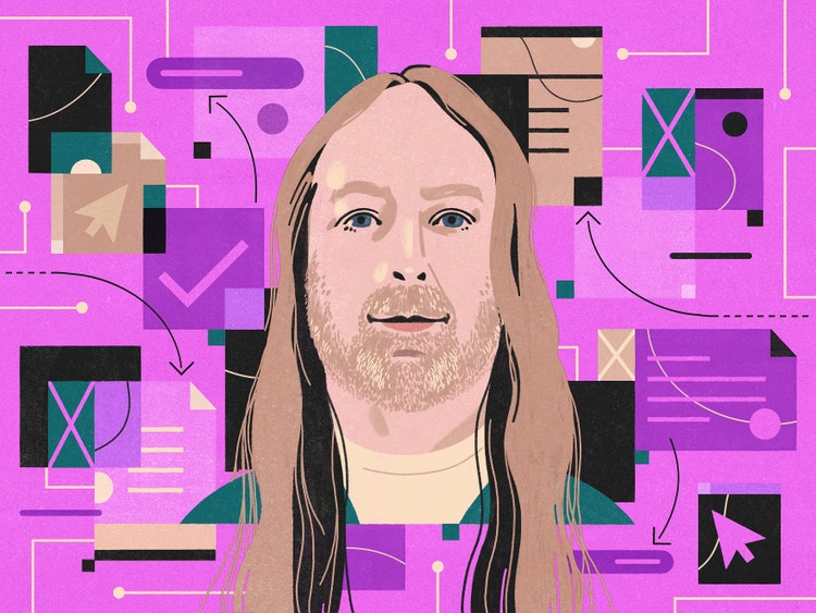 A white man with long hair and a short beard and moustache is at the center of this digital illustration with purle, teal, and tan symbols and documents filled with code against a pink background.