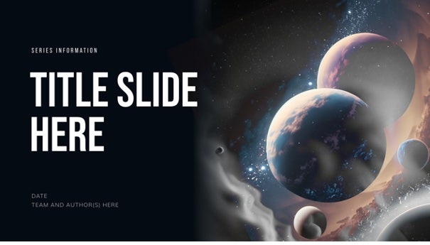A screenshot of slide from a presentation deck with "Title slide here" placeholder text on the left and an AI-generated composite illustration of the solar system and close-up views of planets, against a clouded black sky.