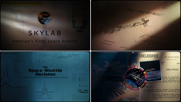 A four image grid of title cards that read (clockwise from top left): "SKYLAB America's First Space Station," "Apollo Soyus Test Project" overlaid on a mechanical drawing, "Unclassified," on a White House document bearing Space Station as the subject heading, and "The Space Shuttle Decision: NASA's Search for a Reusable Space Vehicle."