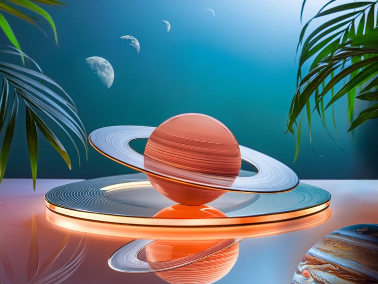 A stylized still life of an orange-ringed Saturn resting on a mirrored tabletop (competing for attention with its own reflection) in the foreground with the Earth and Moon silhouetted behind it against a deep blue sky.