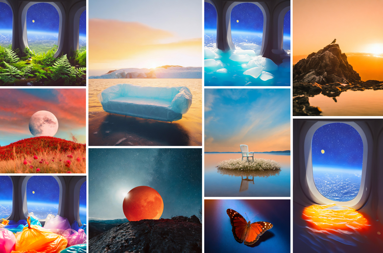 A randomized grid of ten vibrant AI-generated images all capturing human impact on the environment.