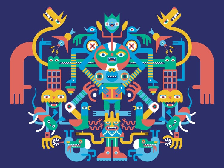 A symmetrical digital illustration containing faces, hands, dogs, birds, and totems in various colors (yellow, green, blue, orange, white) on a purple background.