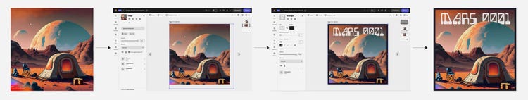 A multi-panel image showing the process of importing an an AI-generated illustration into Adobe Express and adding text to it.