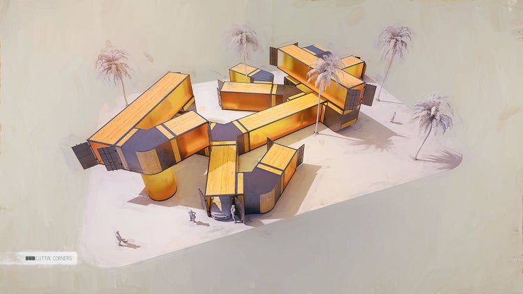 An artist rendering of multiple shipping containers, covered in clear yellow panels. The shipping containers are different sizes and positioned alongside and intersecting each other. A group of palm trees and people are scattered in the background.