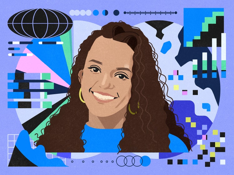 A digital illustration of a light-skinned Black woman with long dark hair wearing a blue T-shirt, large hoop earrings, and a big smile. The background is lavender and strewn with various charts for measuring data.