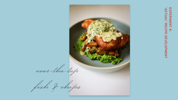 A photograph of a plate of food on a light blue background. French fries and fried fish topped with tartar sauce on a bed of lettuce.