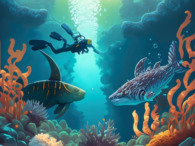 An AI-generated illustration of a scuba diver swimming alongside two large fish. Light is streaming into the blue-green water from the surface.