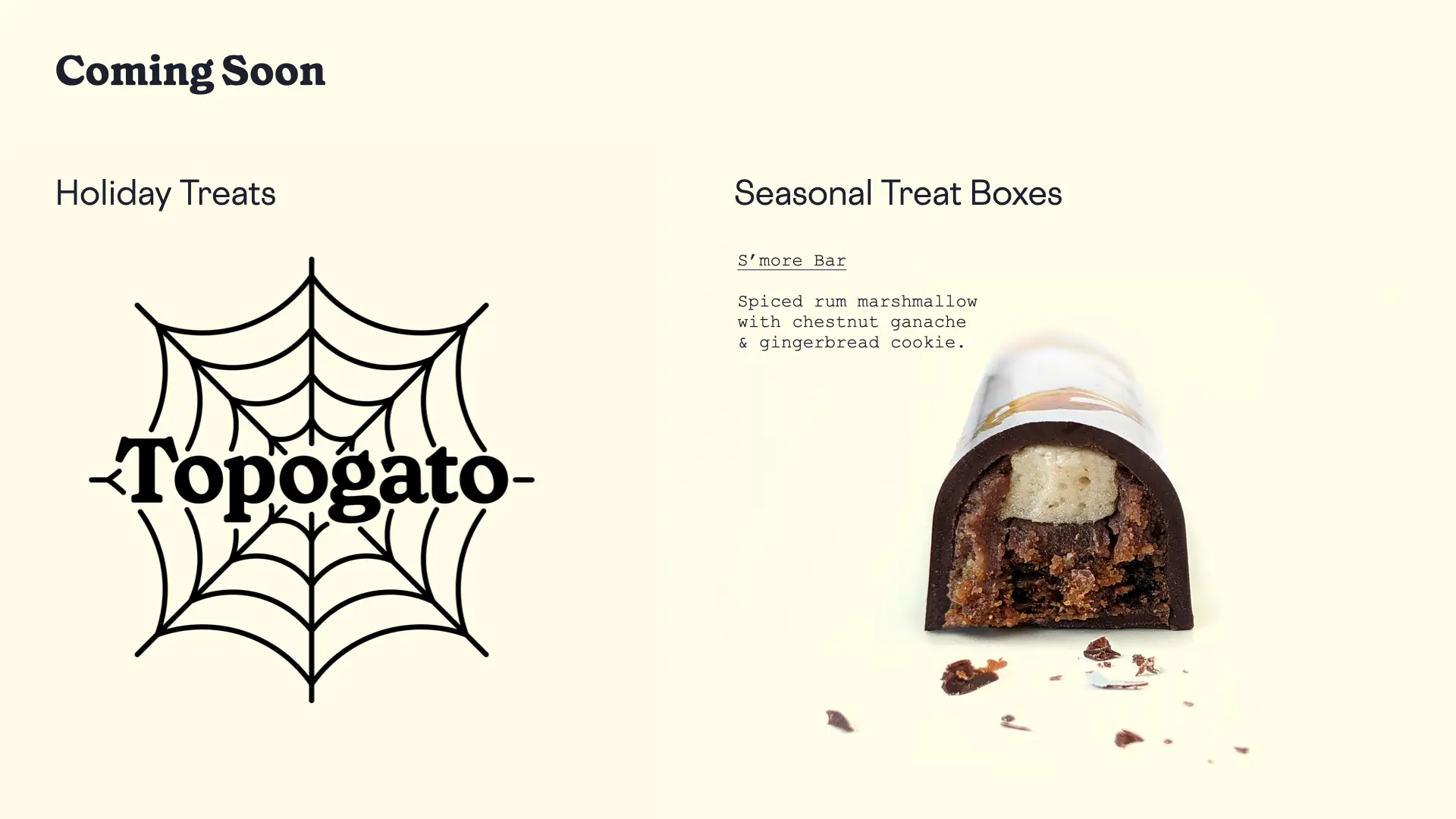 A screenshot of the Topogato website announcing one of its seasonal chocolates: S'more Bar.
