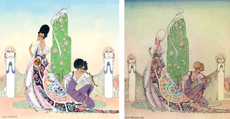 Two images side by side: On the left an Asian woman with glasses is depicted as both a princess and her handmaiden in an Art Deco style digital illustration; on the right, the painting from which it was copied.