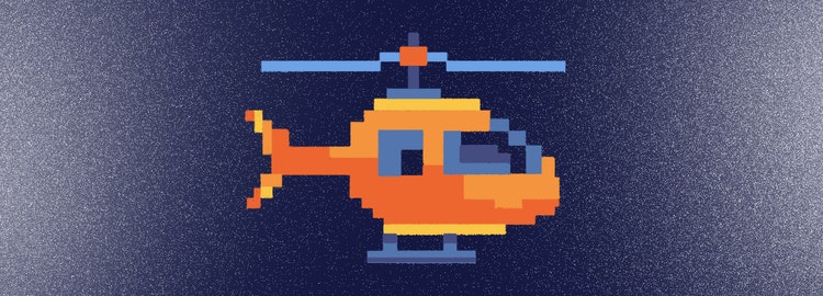 A pixel art illustration of an orange helicopter with blue accents for the rotor blades and windows. The helicopter is shown in side view and centered against a dark blue, textured background that fades to lighter tones at the edges.
