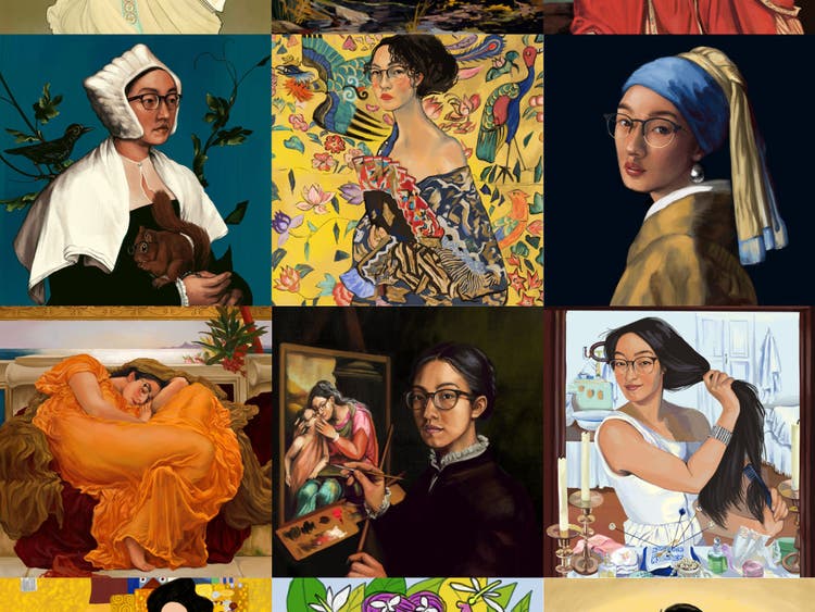 Two horizontal rows of three digital paintings. Each copied master painting features an Asian woman with glasses in a different poses and against different backdrops. Top row left to right:  Portrait of a Lady with a Squirrel and a Starling, Hans Holbein the Younger; Lady with a Fan, Gustav Klimt; Girl with a Pearl Earring, Johannes Vermeer. Bottom row left to right: Flaming June, Frederic Leighton; Self Portrait, Sofonisba Anguissola; At the Dressing Table, Zinaida Serebriakova
