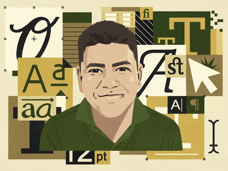 A digital illustration of a white man with short brown hair wearing a dark geen shirt. The background (in shades of mustard and green with black accents) is comprised of upper- and lowercase letters in serif and sans serif typefaces.